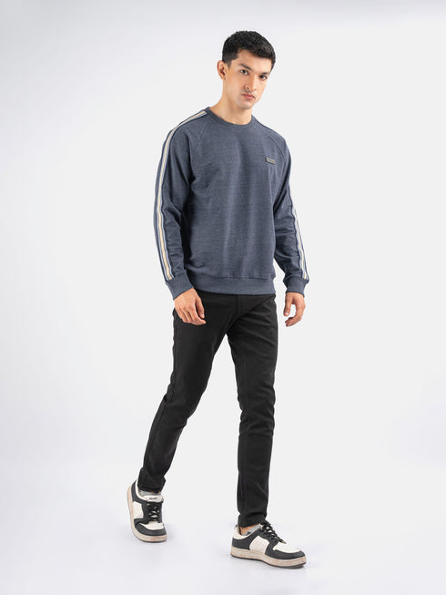 Blue Melange Crew Neck Sweatshirt With Detailing