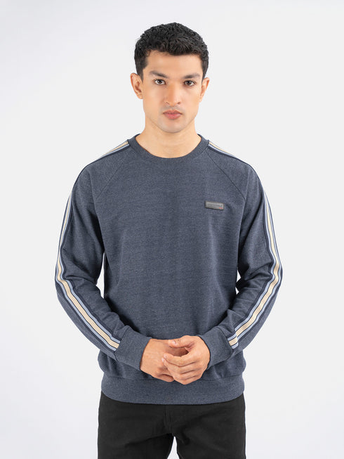 Blue Melange Crew Neck Sweatshirt With Detailing