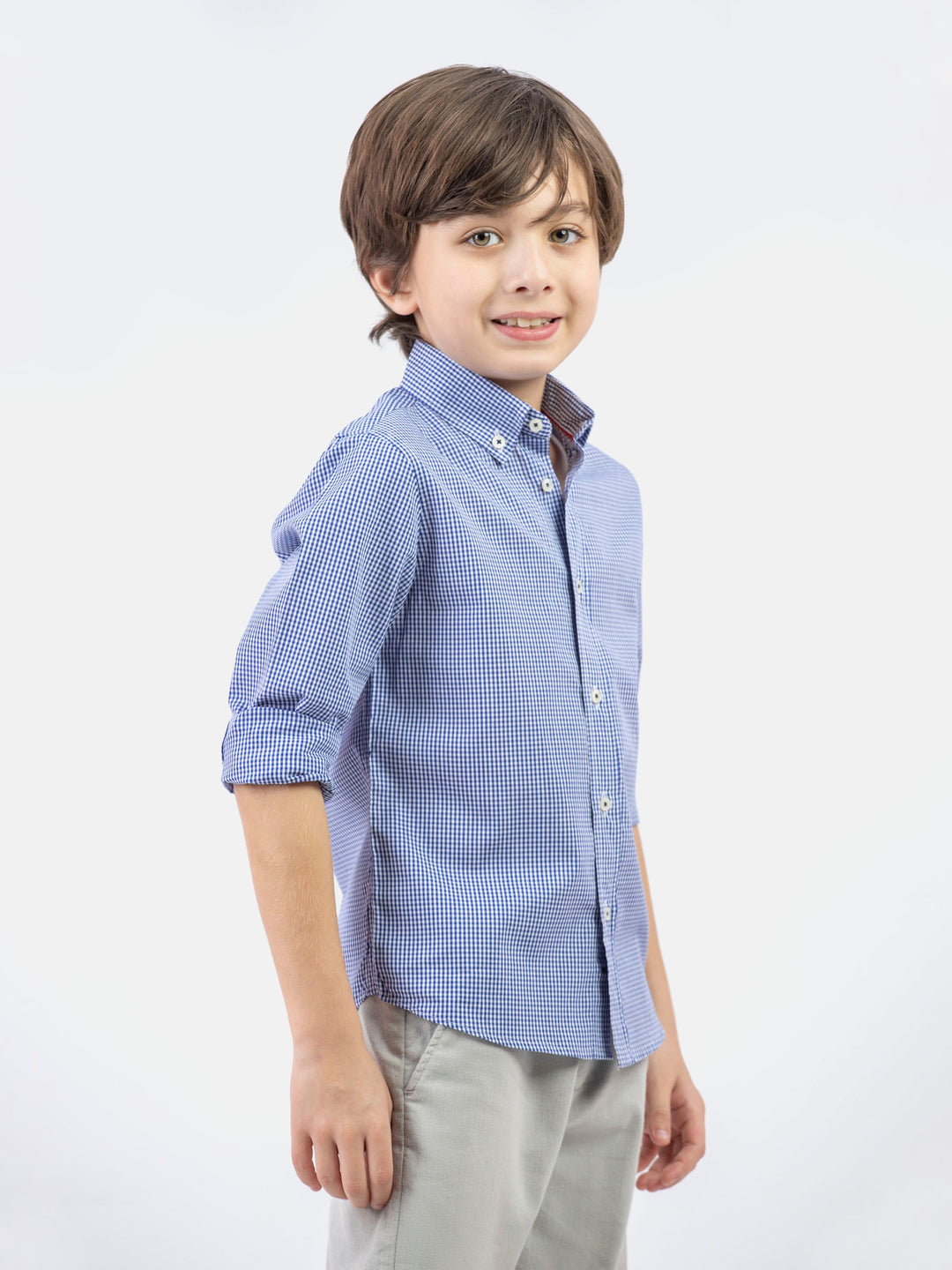 Blue micro gingham button down casual shirt