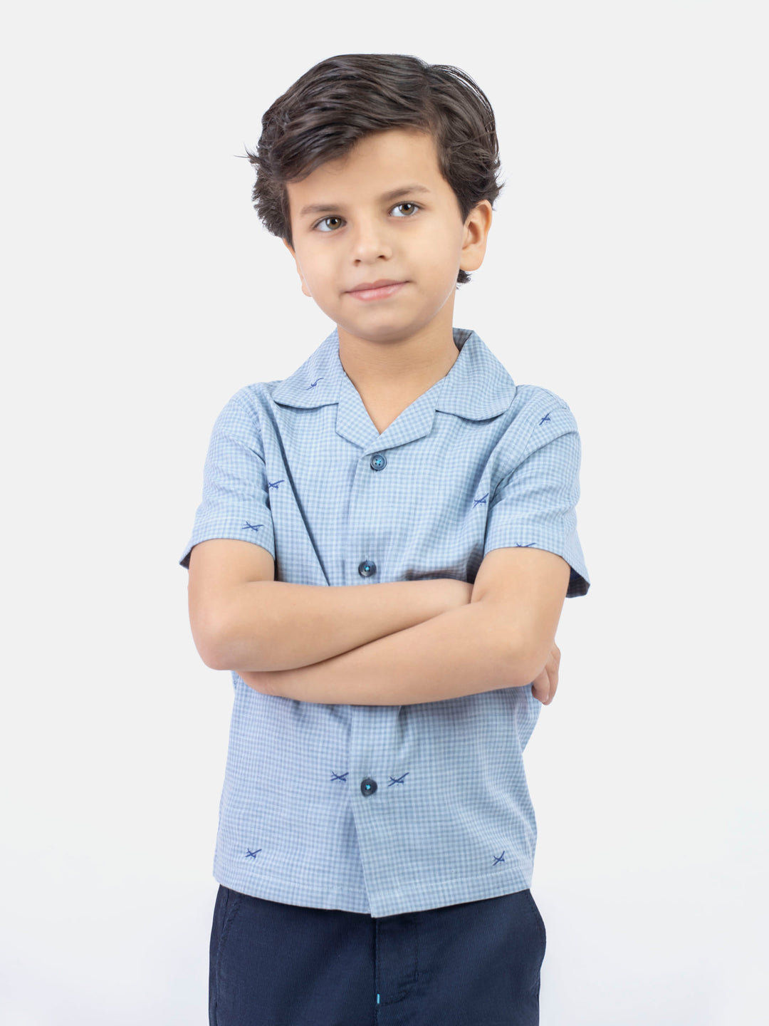 Blue micro gingham cuban collar half sleeve shirt brumano pakistan