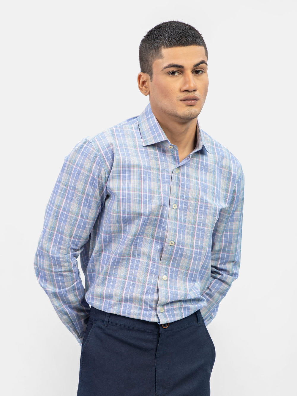 Blue Multi Color Checkered Formal Shirt