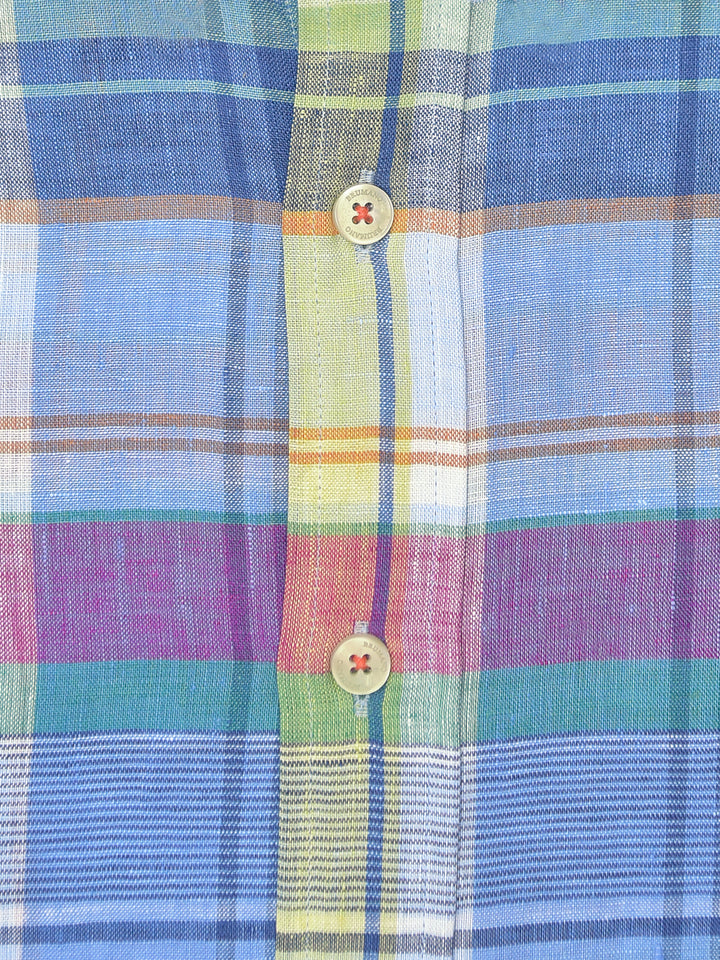Blue Multi Colored 100% Linen Checkered Shirt