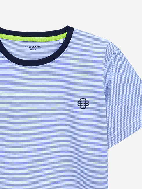 Blue Pinstriped Crew Neck T-Shirt With Contrasting Rib Brumano Pakistan