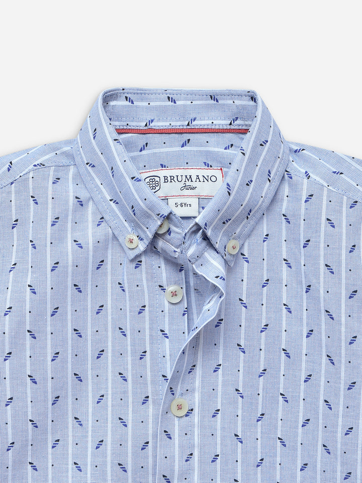 Blue Printed Striped Half Sleeve Casual Shirt