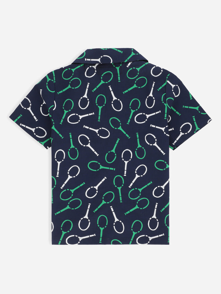 Blue Racket Printed Cuban Collar Half Sleeve Casual Shirt Brumano Pakistan