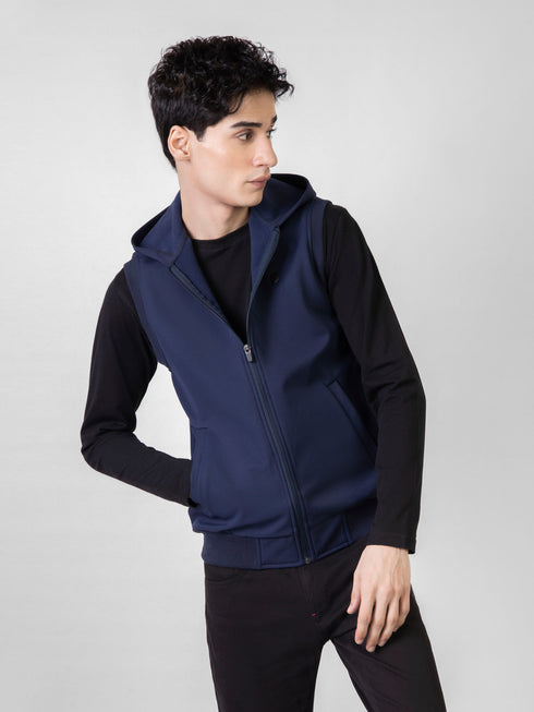 Blue Sleeveless Zipper Jacket With Hoodie