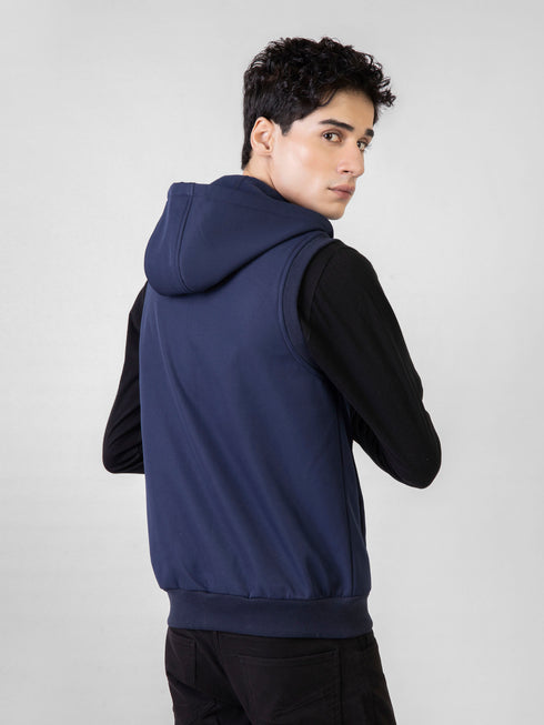 Blue Sleeveless Zipper Jacket With Hoodie