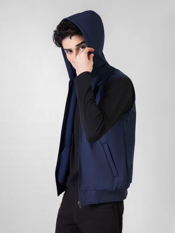 Blue Sleeveless Zipper Jacket With Hoodie