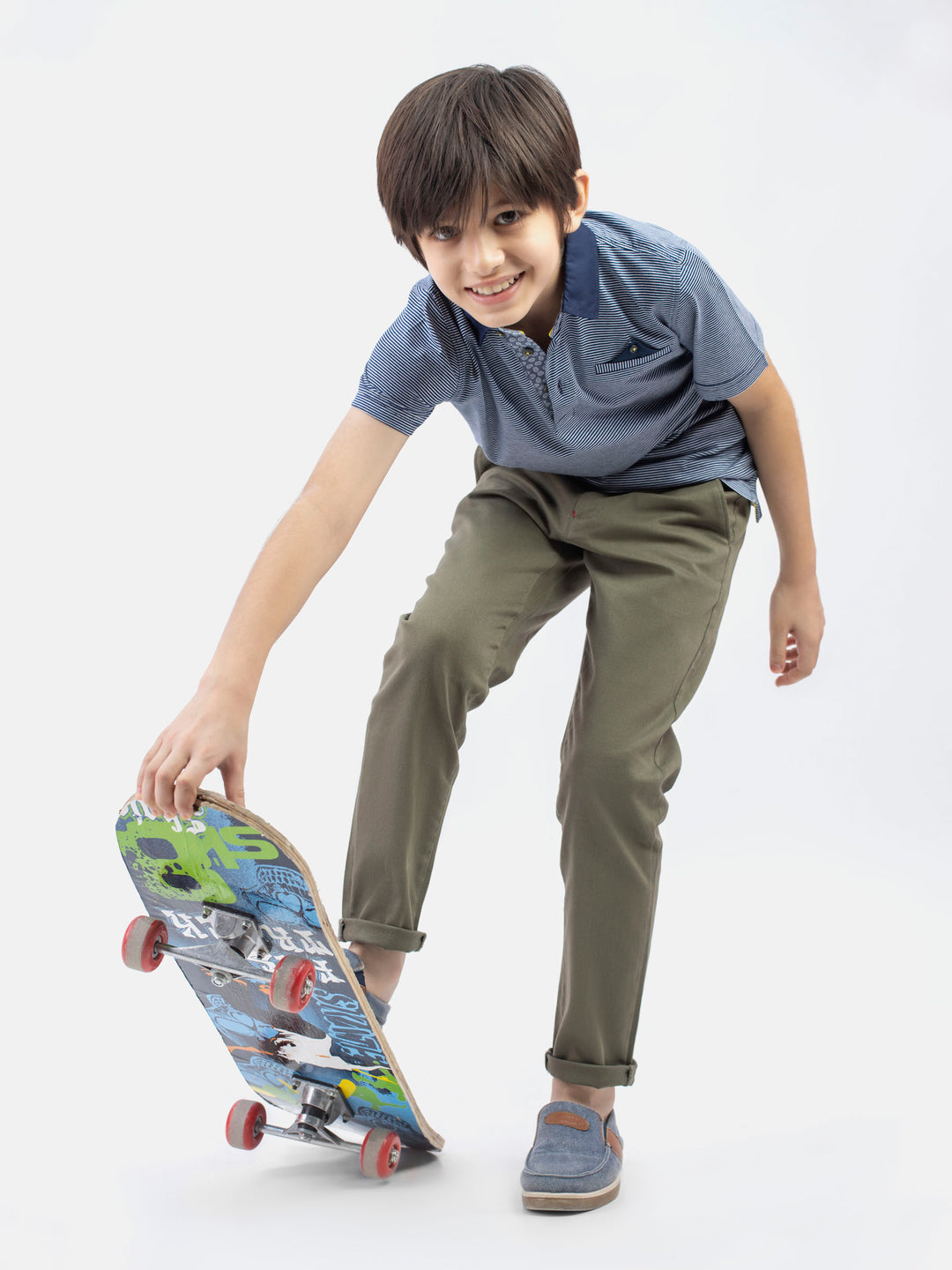 Blue Striped Casual Polo With Navy Blue Collar Brumano Pakistan