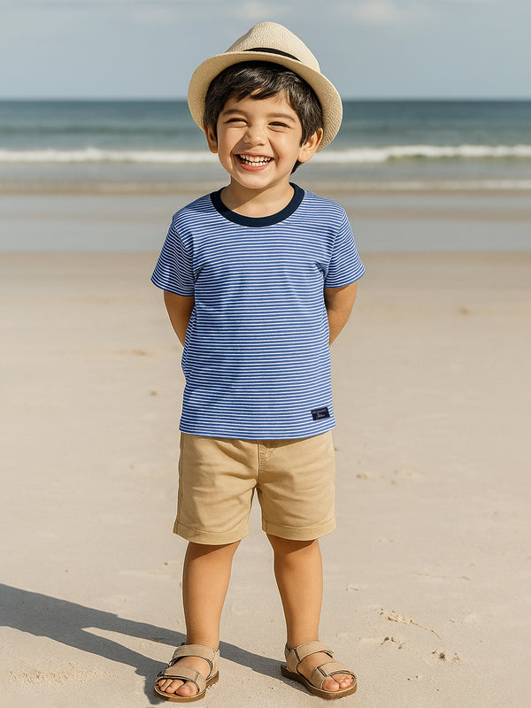 Blue Striped Casual Tee With Contrasting Crew Neck