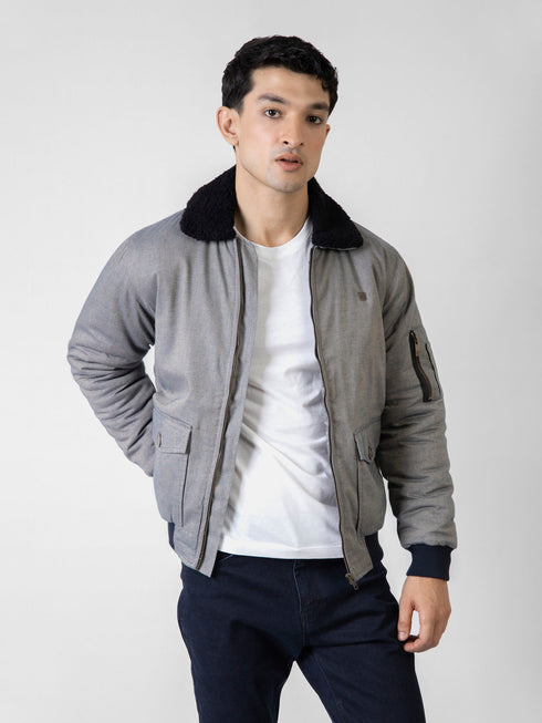 Greyish Blue Twill Sherpa Collar Aviator Jacket