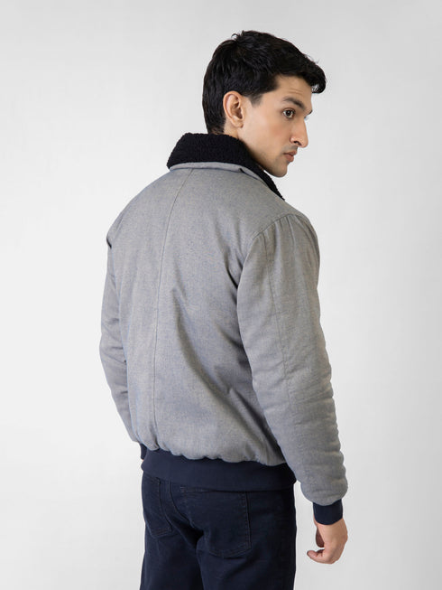 Greyish Blue Twill Sherpa Collar Aviator Jacket