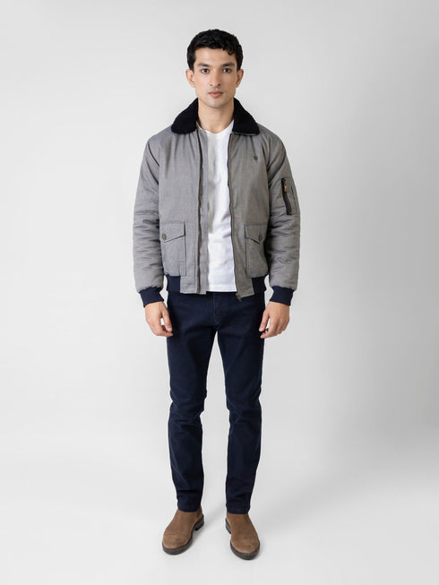 Greyish Blue Twill Sherpa Collar Aviator Jacket