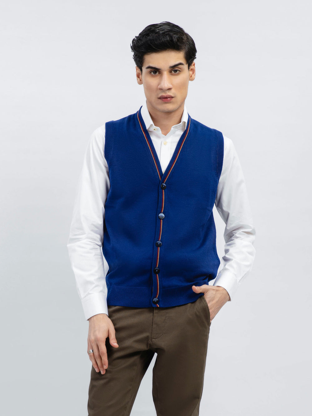 Blue Wool Blended Sleeveless Cardigan