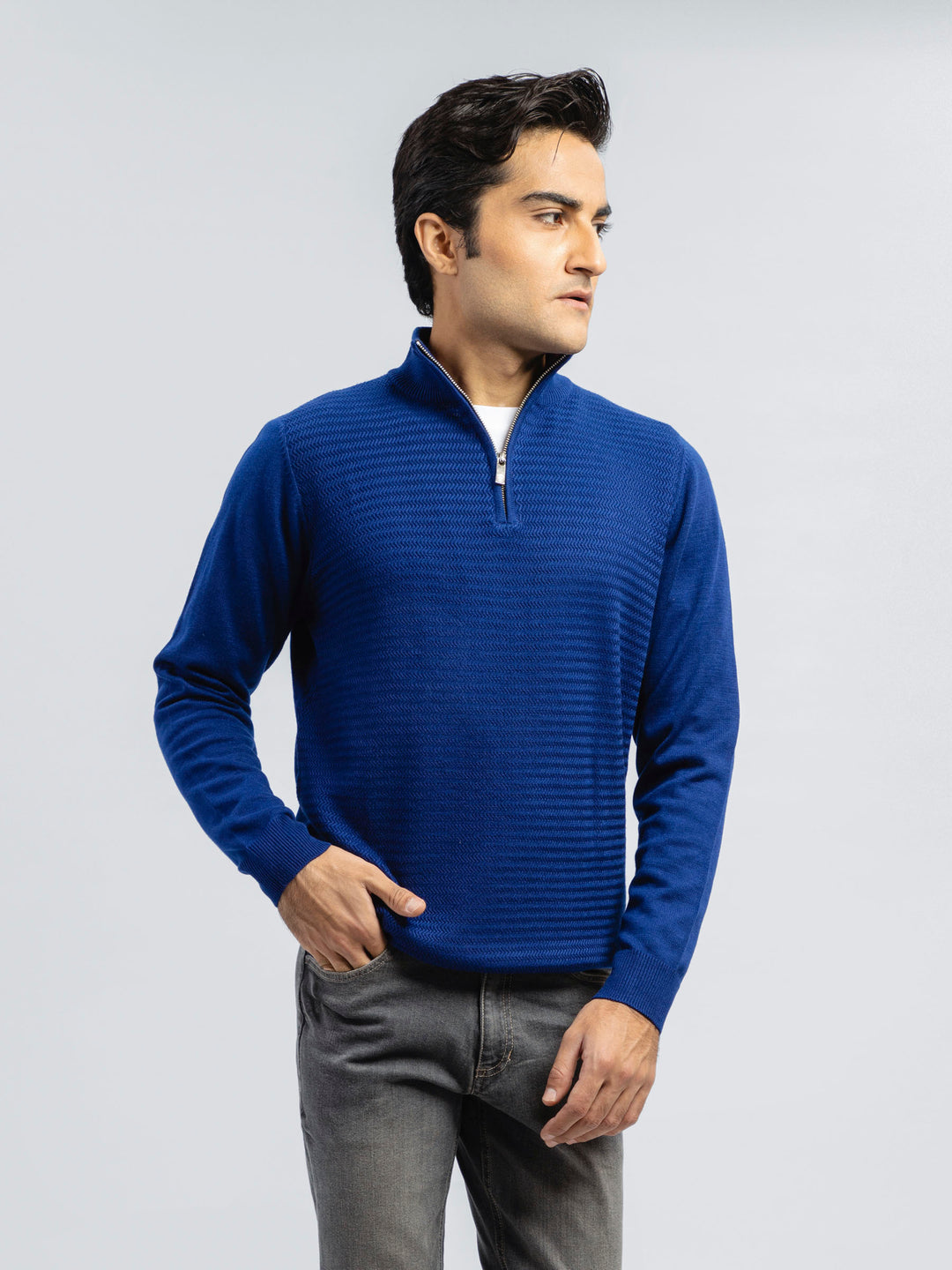 Blue Wool Textured Half-Zip Sweater