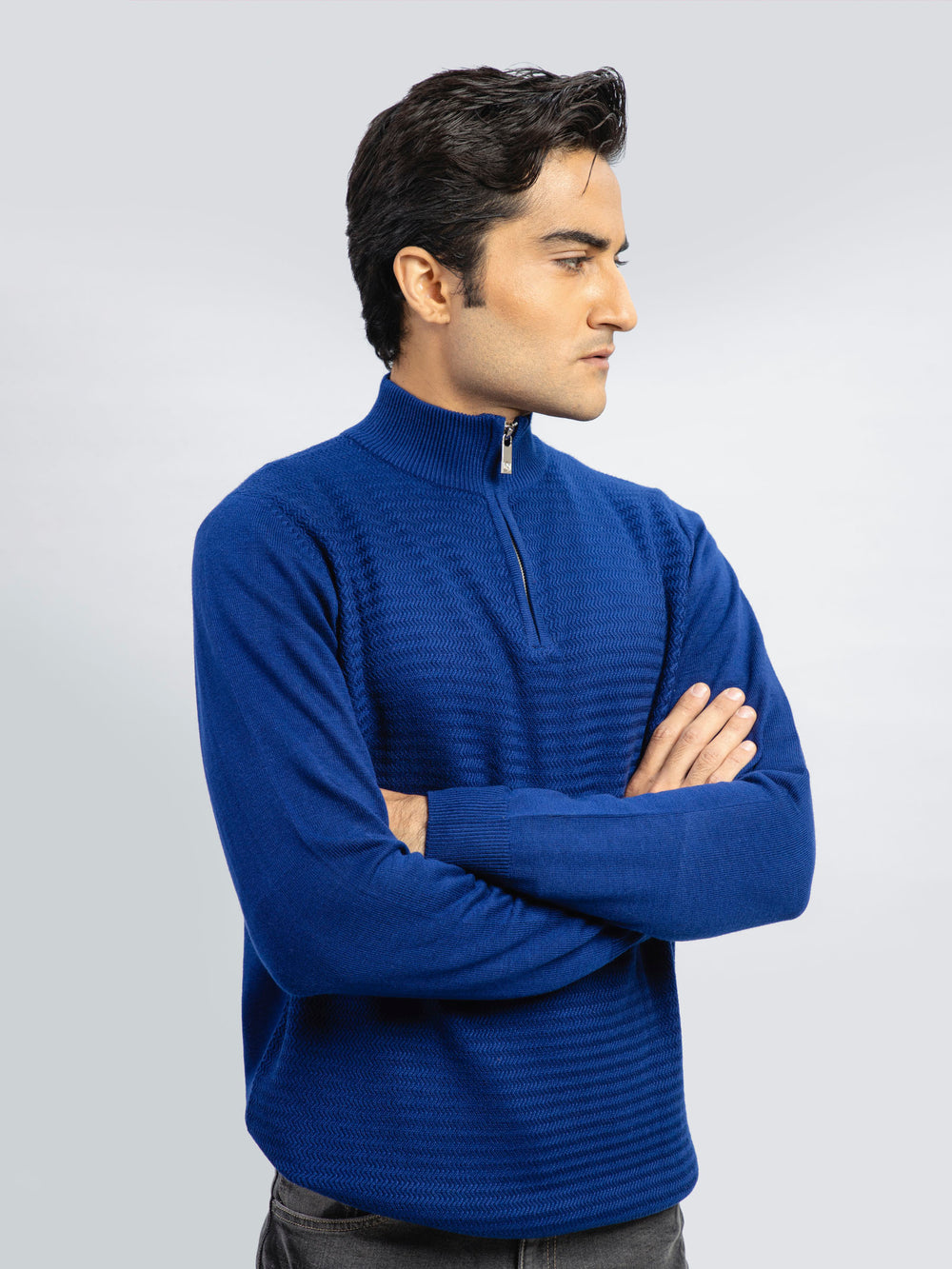 Blue Wool Textured Half-Zip Sweater