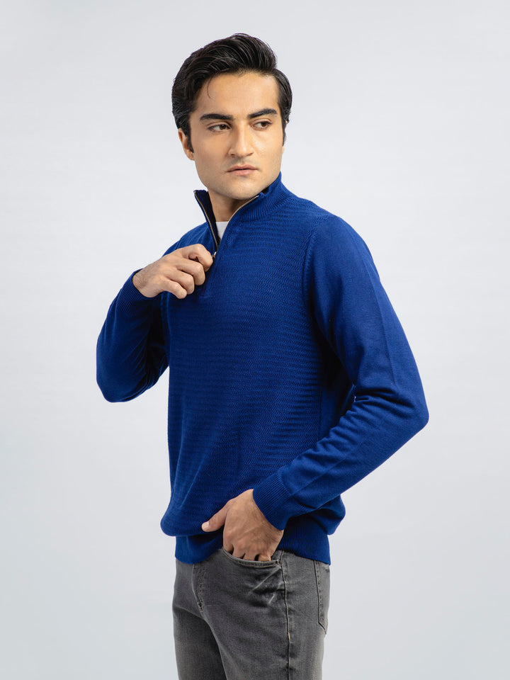 Blue Wool Textured Half-Zip Sweater – Brumano