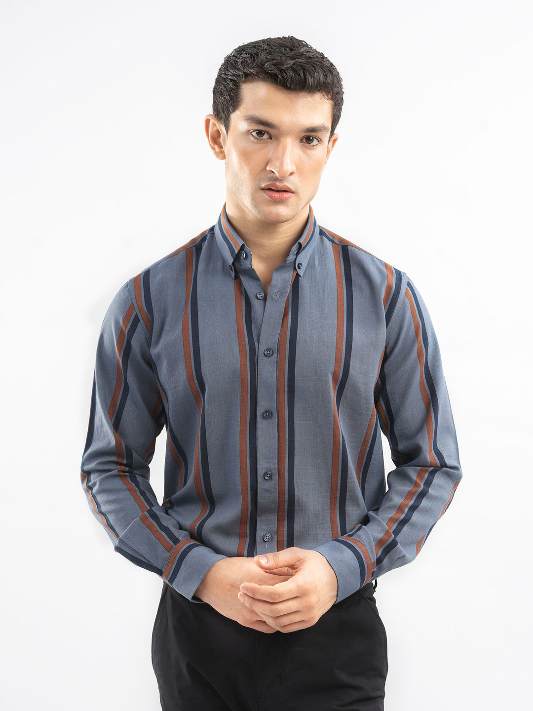 Blue & Brown Bold Striped Button Down Shirt