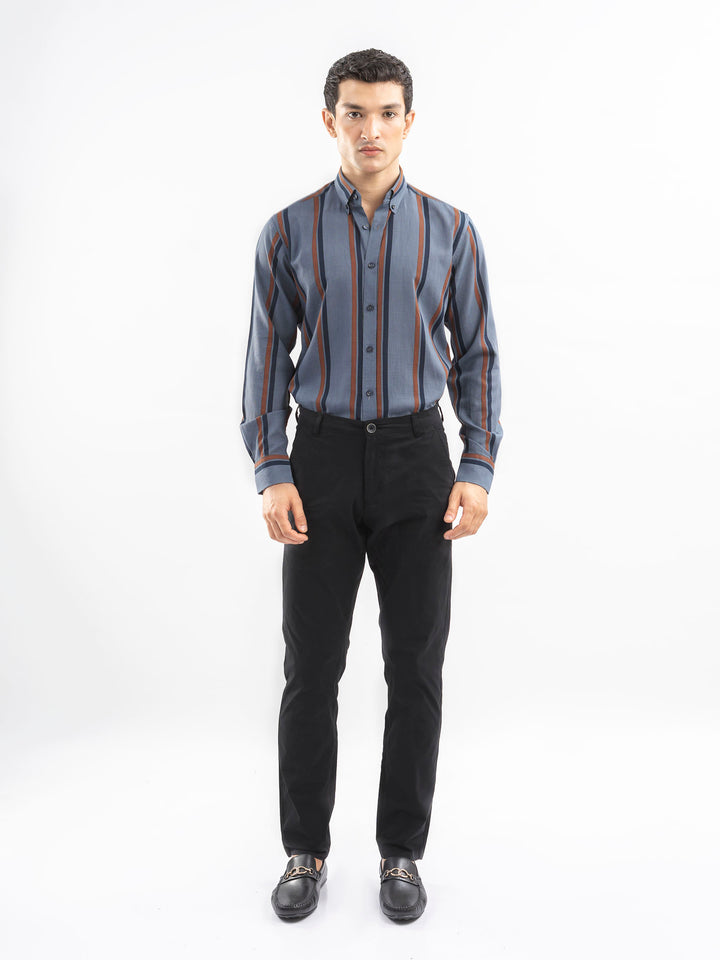 Blue & Brown Bold Striped Button Down Shirt