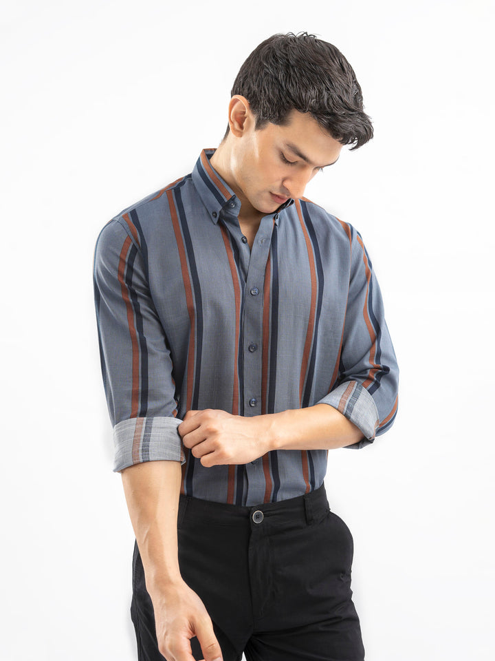 Blue & Brown Bold Striped Button Down Shirt