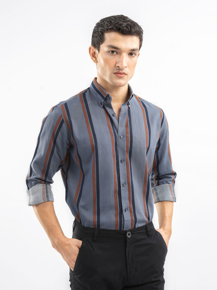 Blue & Brown Bold Striped Button Down Shirt
