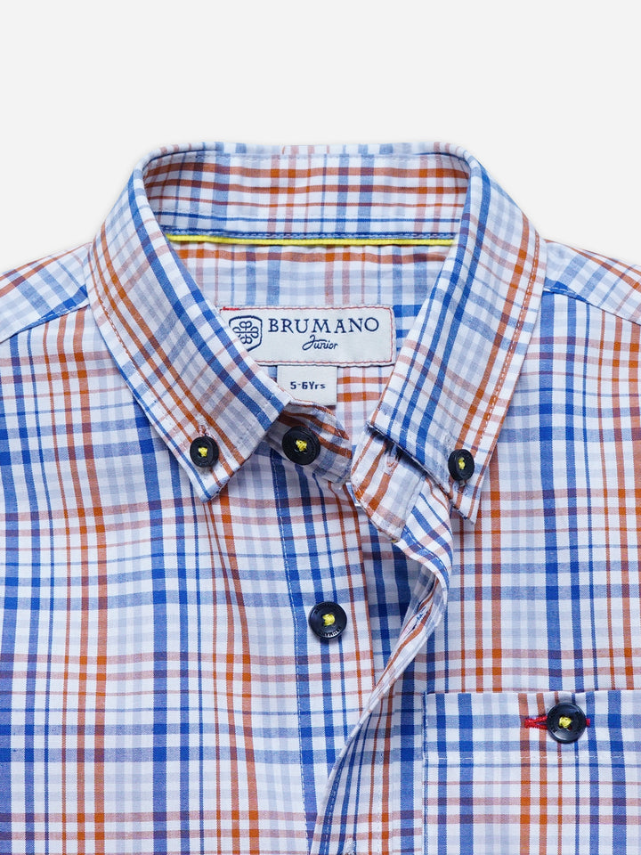Blue & Brown Checkered Half Sleeve Casual Shirt  - Junior
