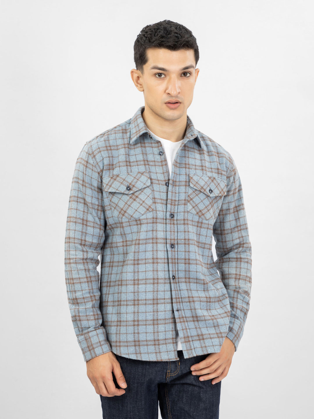 Blue brownflannelcheckeredshirtbrumanopakistan