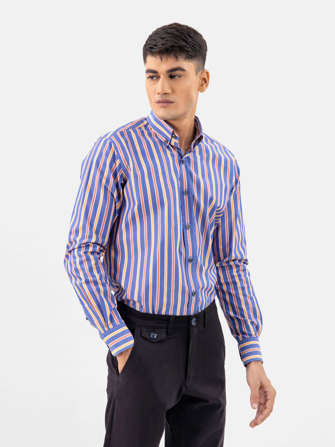 Blue & Orange Bold Striped button Down Shirt Brumano Pakistan