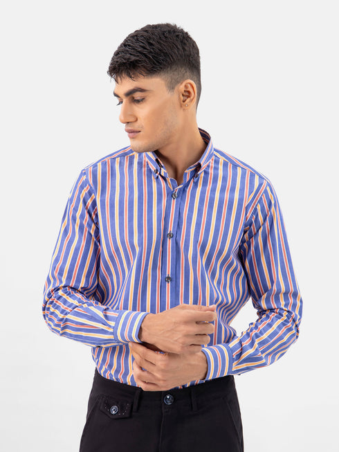 Blue & Orange Bold Striped button Down Shirt Brumano Pakistan