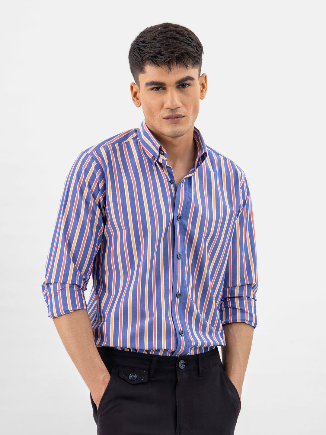 Blue & orange bold striped button down shirt brumano pakistan