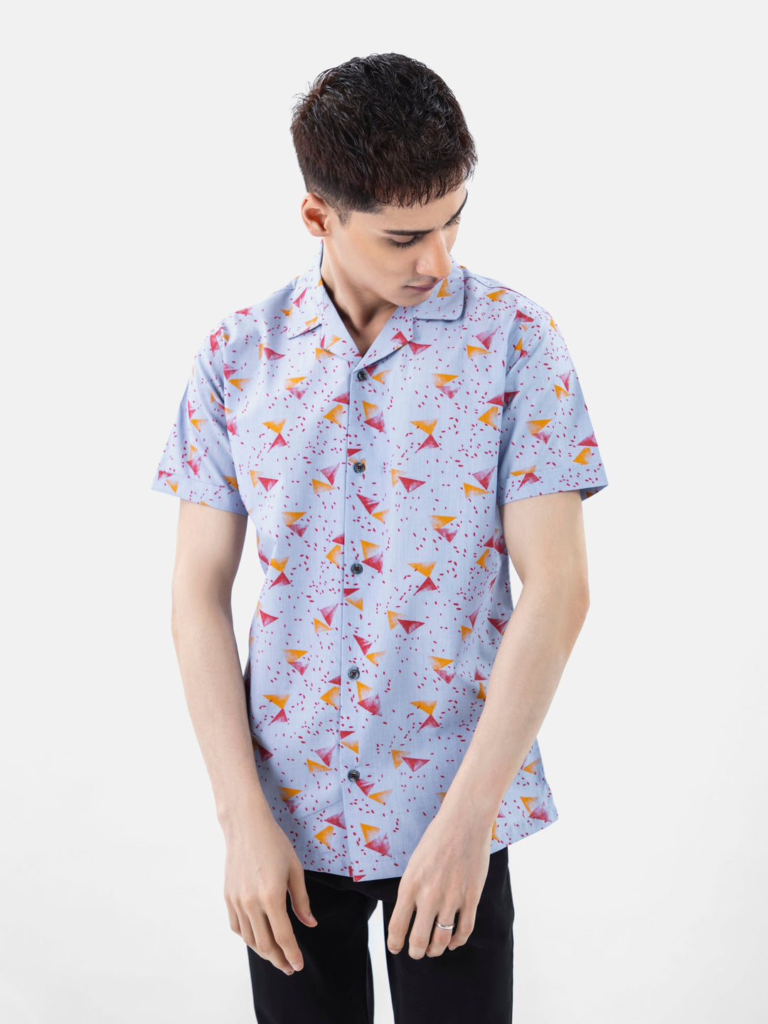 Blue & Red Abstract Printed Half Sleeve Cuban Collar Shirt