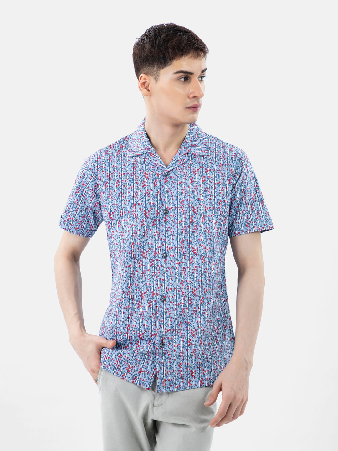 Blue & Red Printed Half Sleeve Cuban Collar Shirt