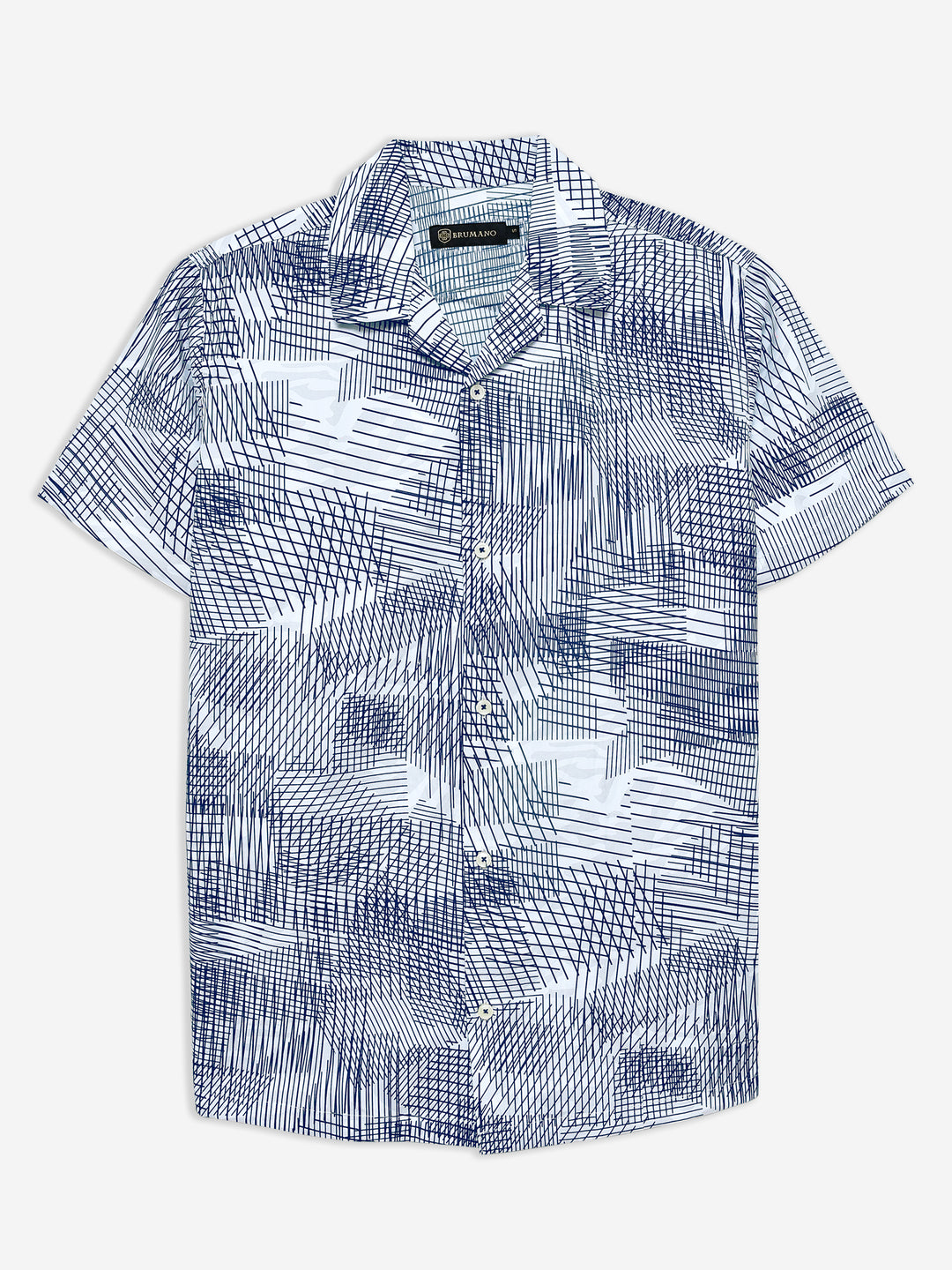 Blue & White Geometric Printed Cuban Collar Shirt