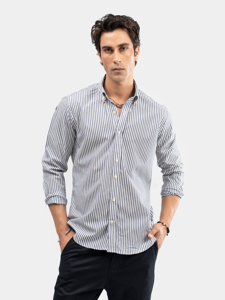 Men's blue and white striped linen formal shirt front view