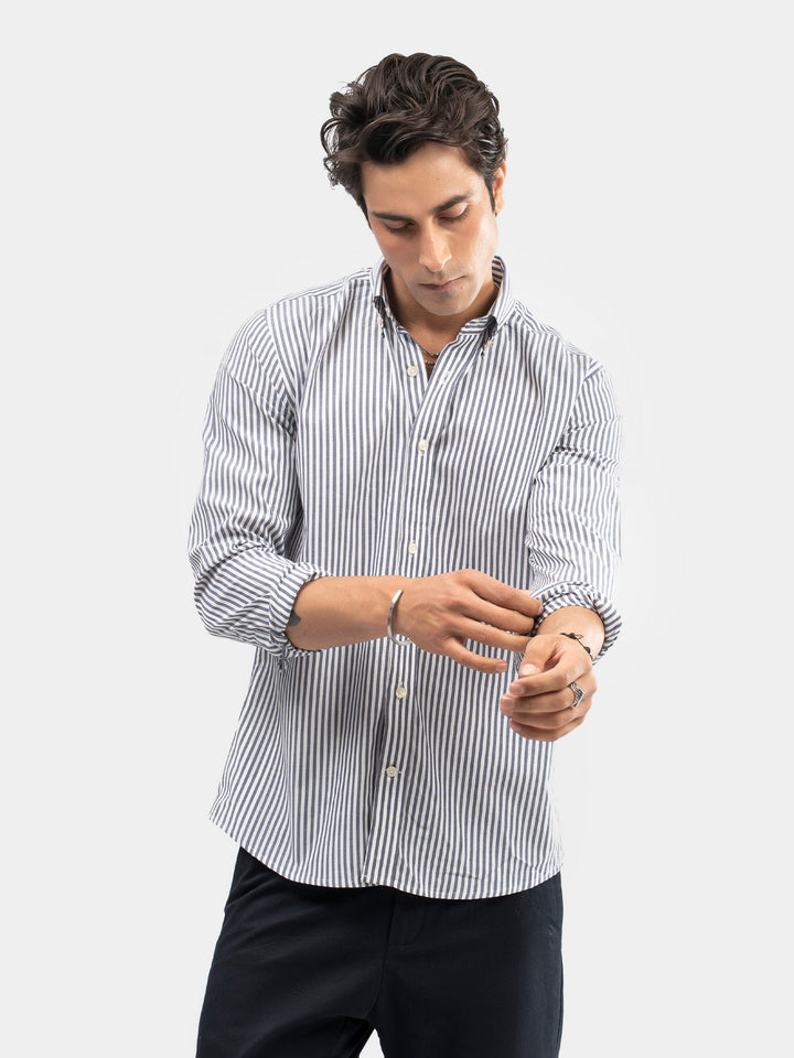 100% linen fabric texture on blue striped office shirt