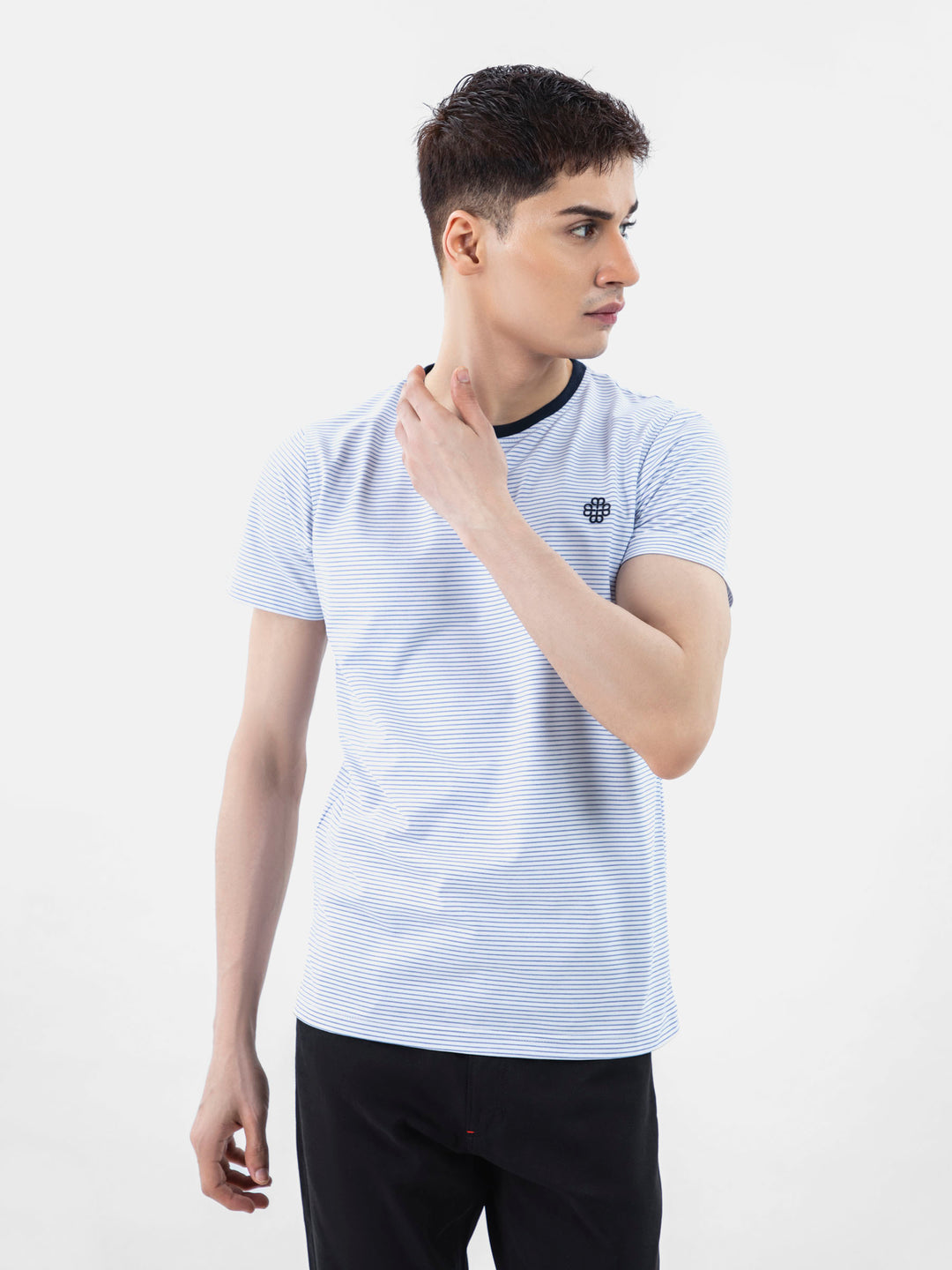 Blue & White Striped Crew Neck T-Shirt With Contrasting Rib