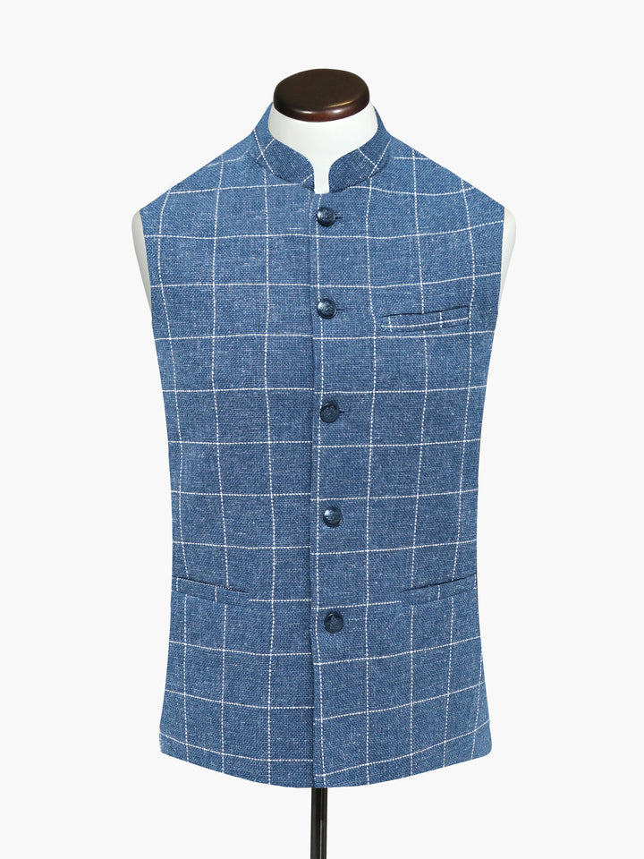 Blue & White Wool & Linen Blended Waistcoat - Sartoria