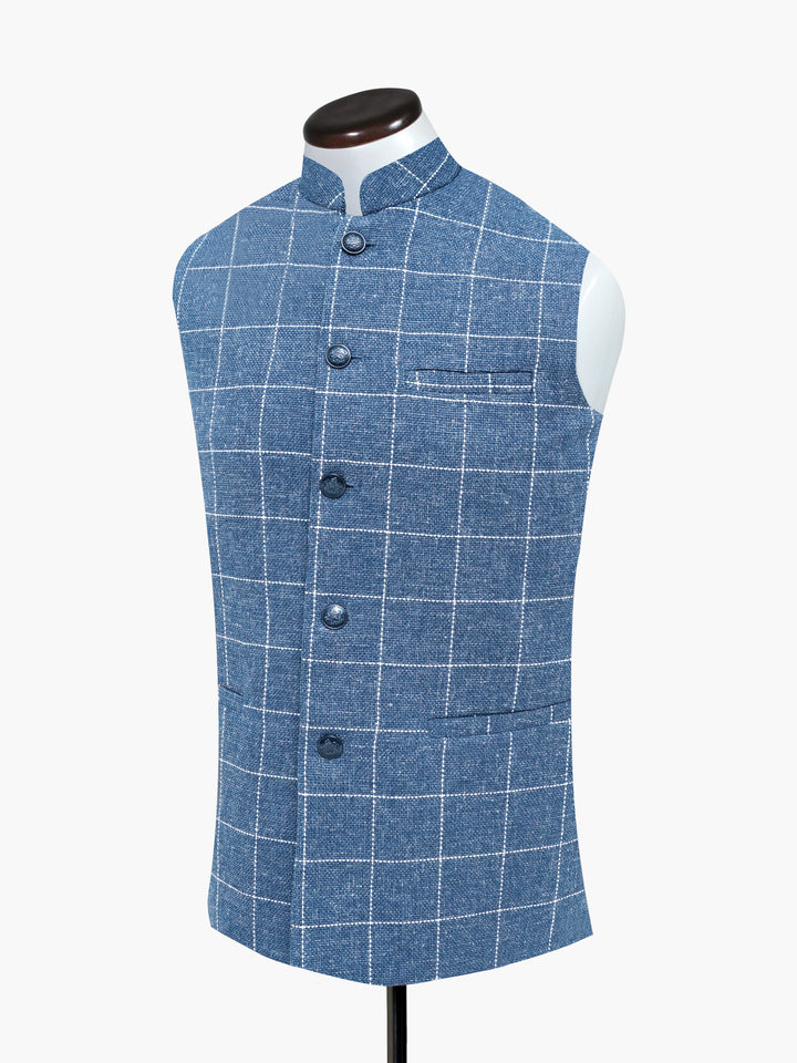 Blue & White Wool & Linen Blended Waistcoat - Sartoria