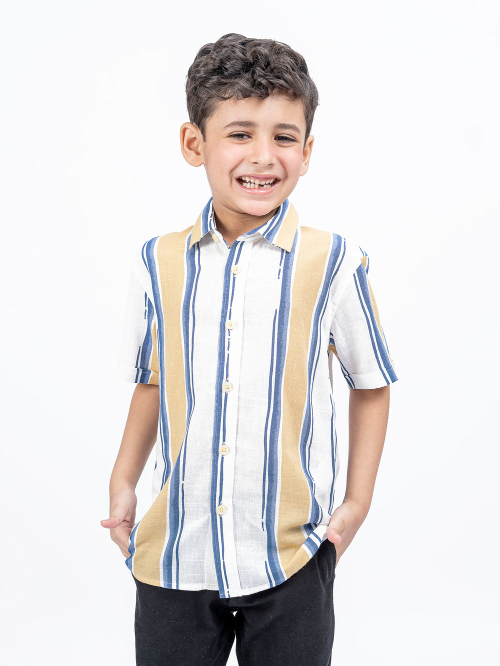 Blue & Yellow Striped Half Sleeve Casual Shirt