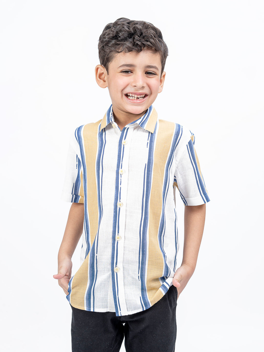 Blue & Yellow Striped Half Sleeve Casual Shirt