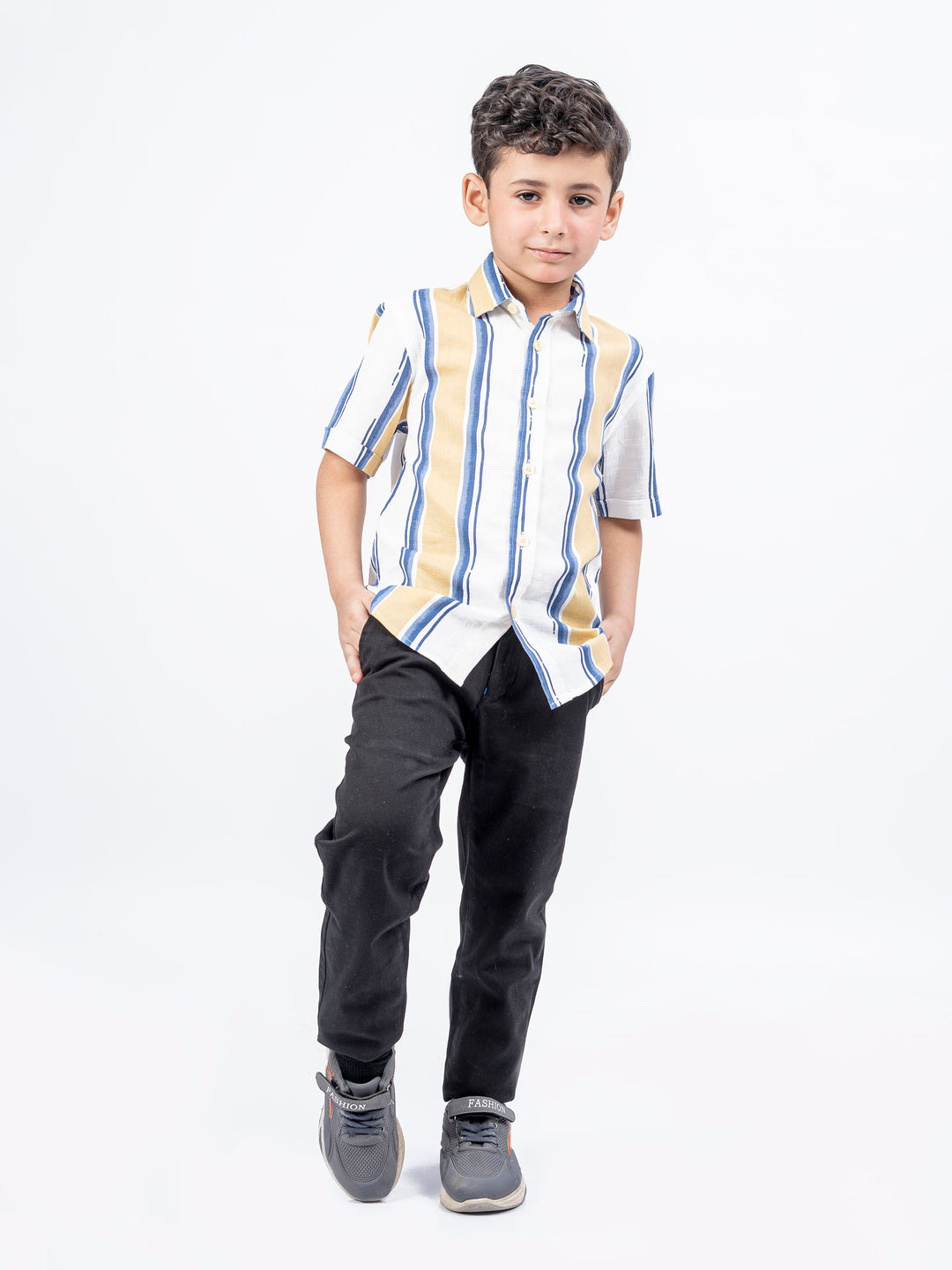Blue & Yellow Striped Half Sleeve Casual Shirt