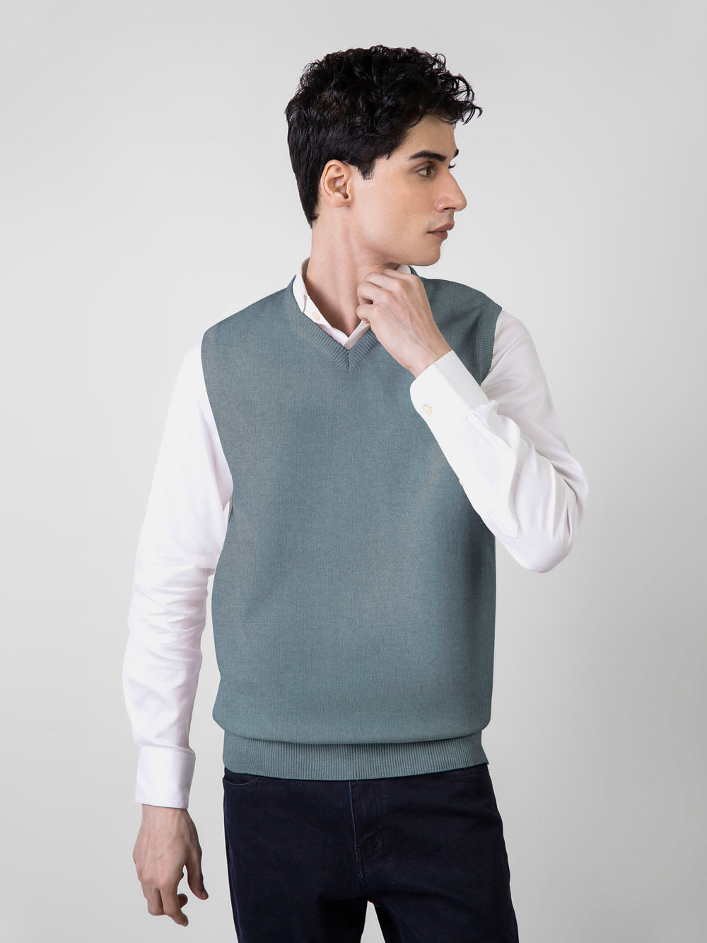 Bluish Grey Sleeveless V-Neck Sweater