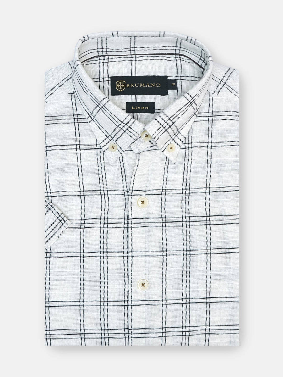 Beige & Black Linen Checkered Half Sleeve Shirt