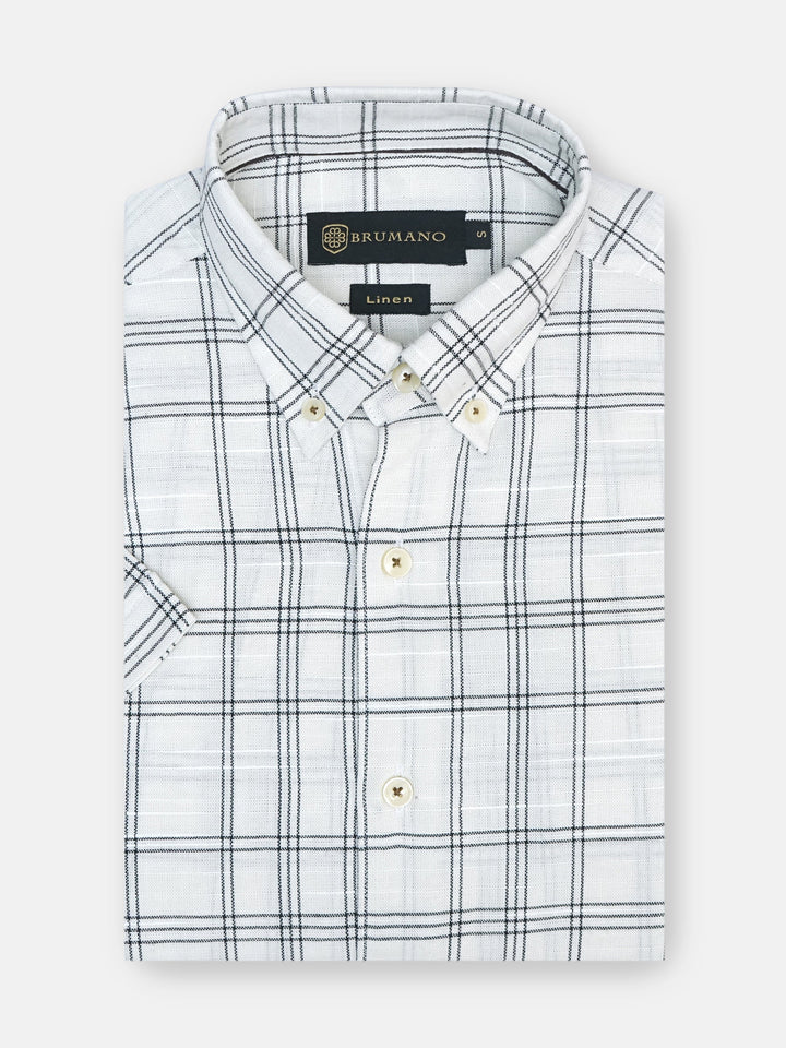 Beige & Black Linen Checkered Half Sleeve Shirt
