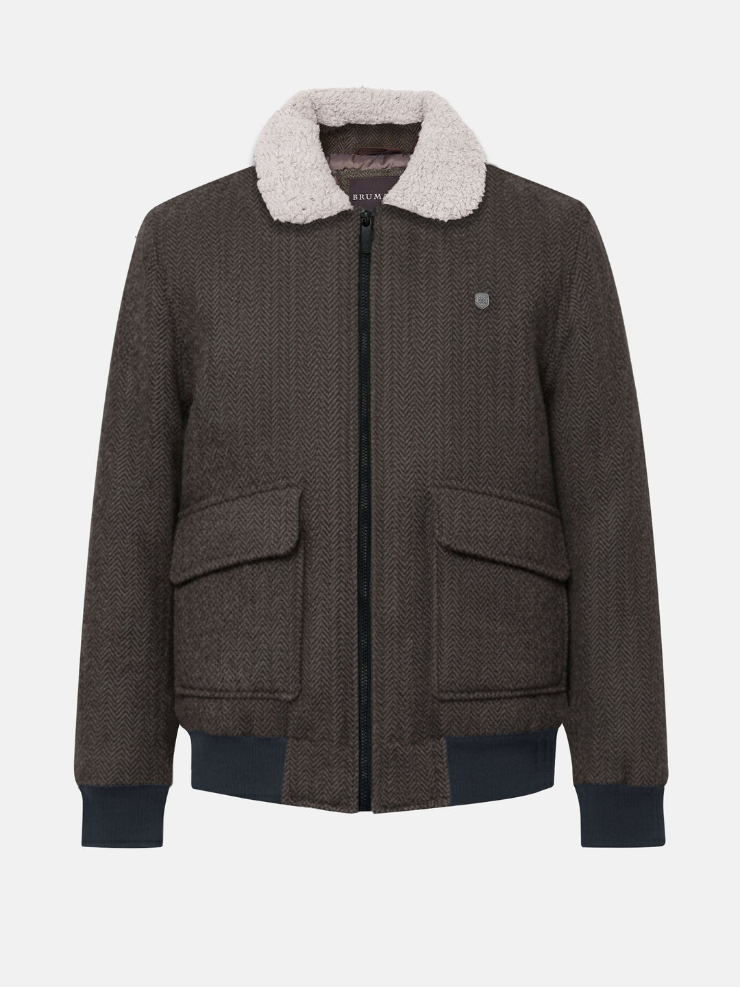 Brown wool blended aviator jacket with beige sherpa collar