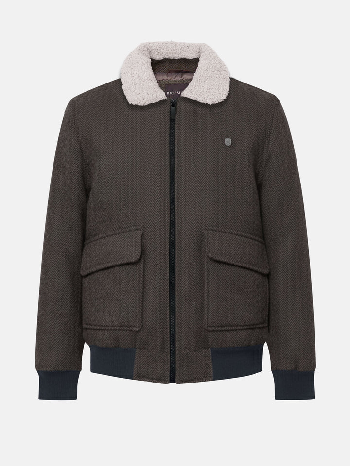 Brown Wool Blended Aviator Jacket With Beige Sherpa Collar
