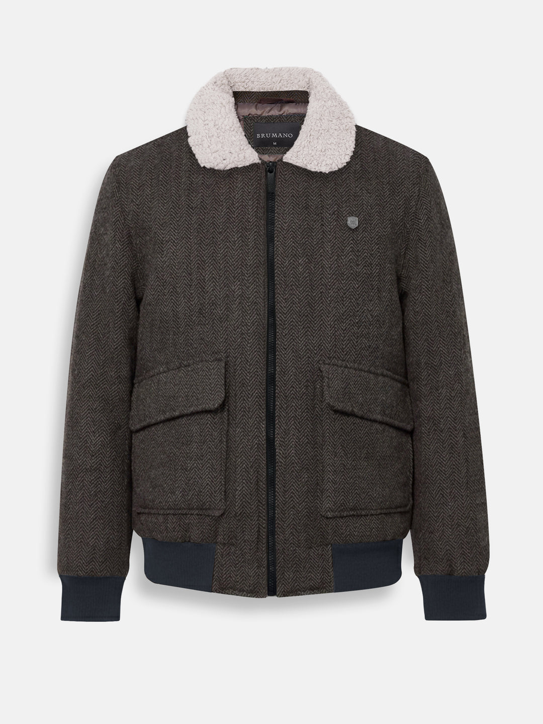 Front view of men's brown herringbone wool bomber jacket with shearling collar