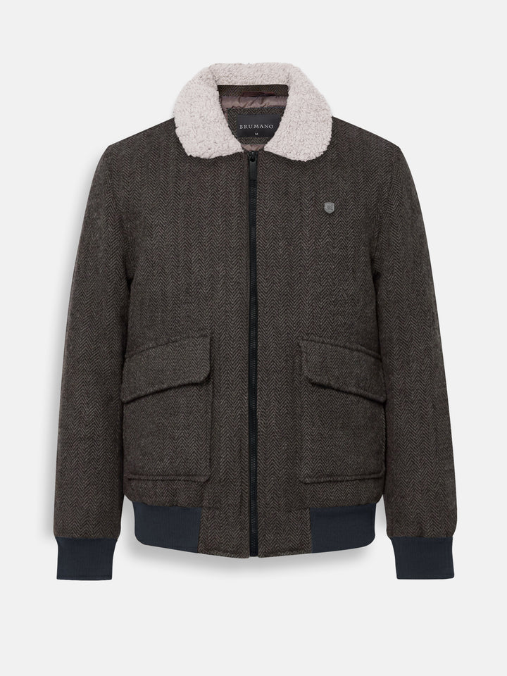 Front view of men's brown herringbone wool bomber jacket with shearling collar