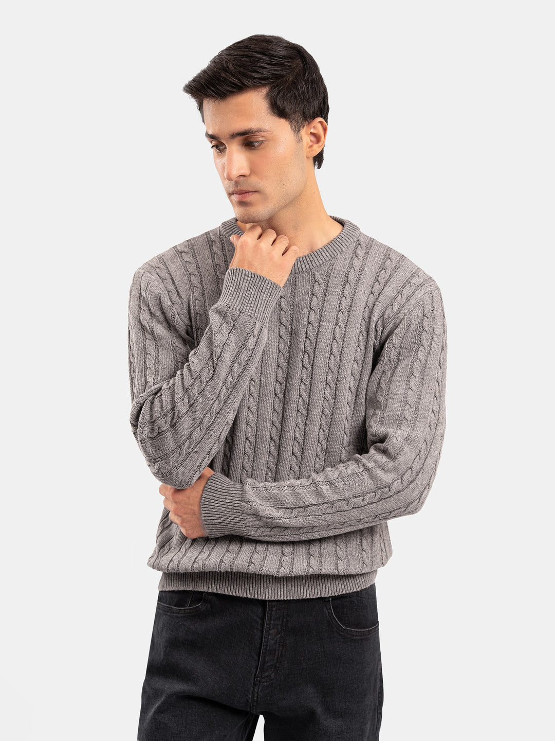 Brown Cable Knit Wool Blended Crew Neck Jumper
