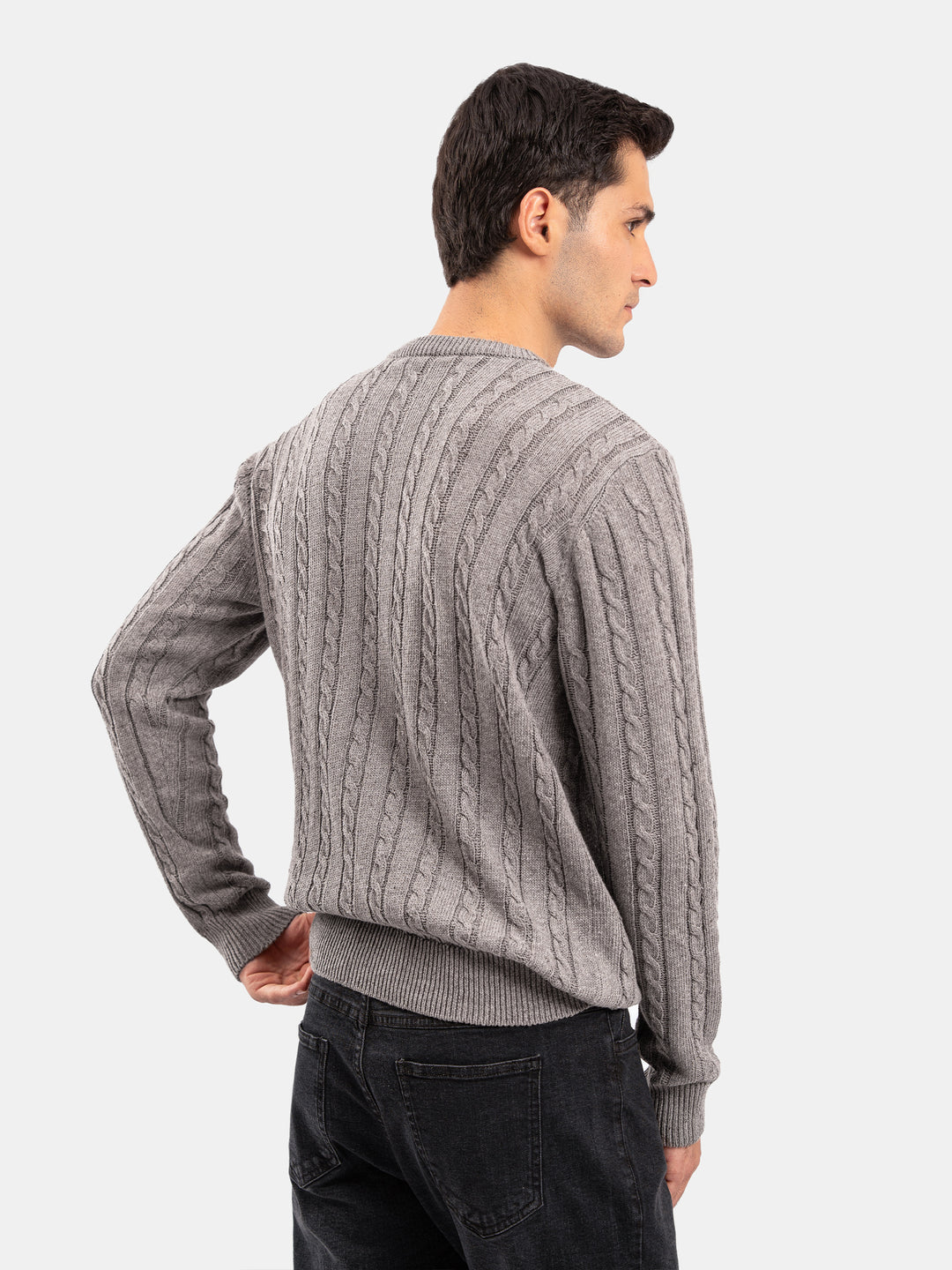 Brown Cable Knit Wool Blended Crew Neck Jumper